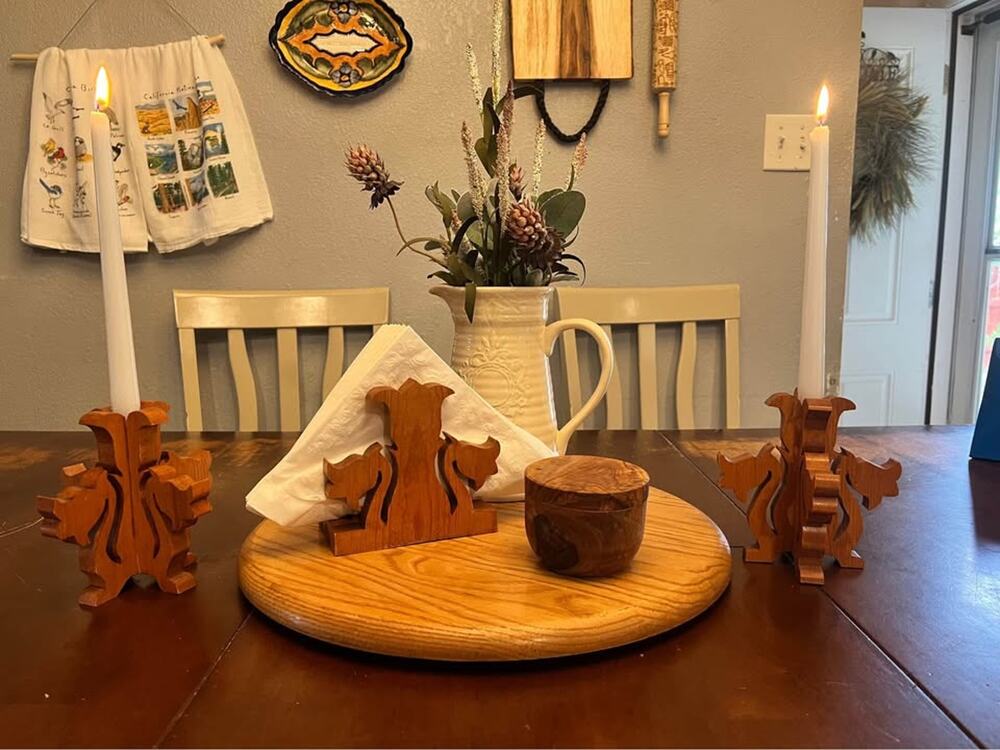 Handmade Wooden Set of 2 candlesticks and 1 Napkin holder.